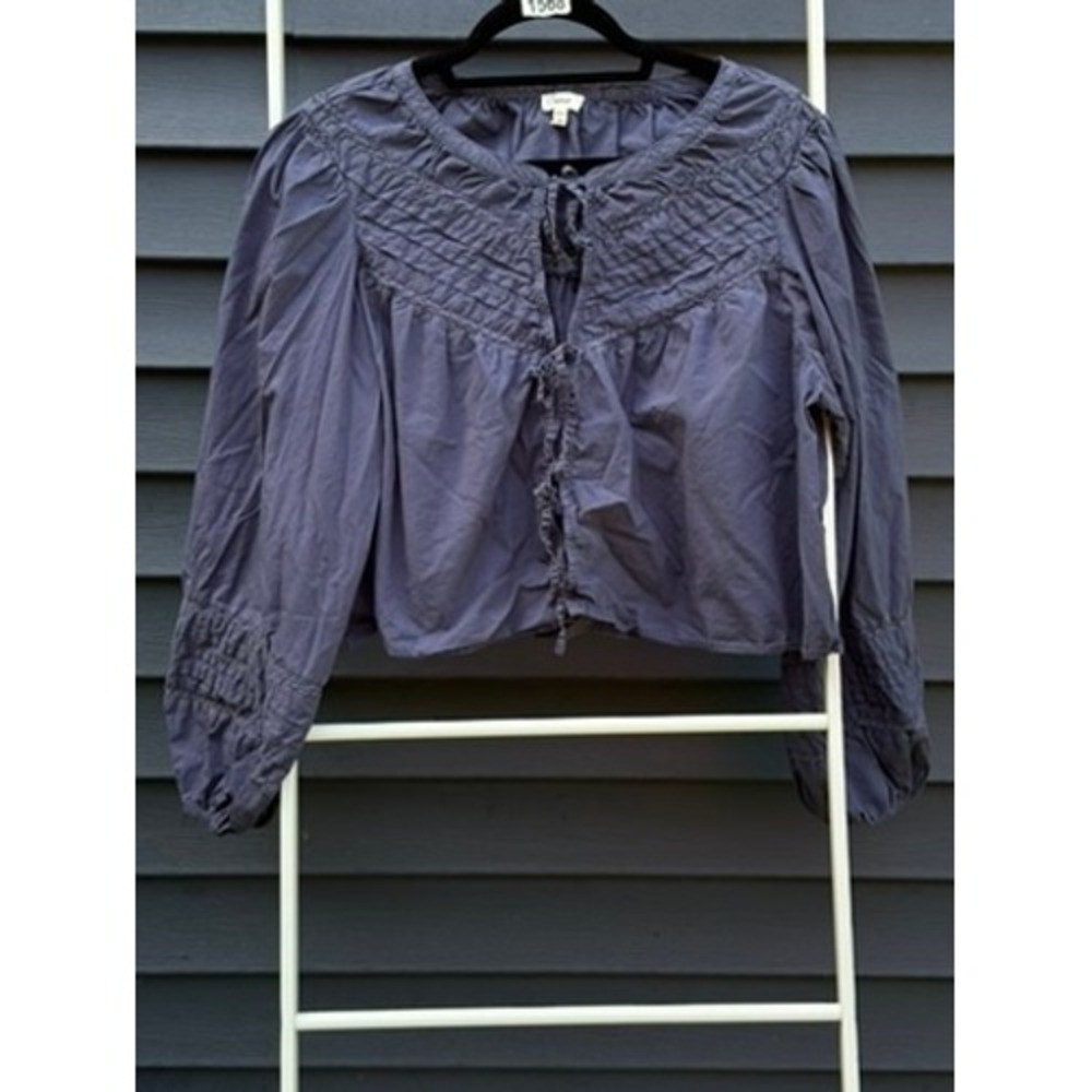 Aerie Women Blu Pintuck Lace Trim Cropped Peasant Indie Blouse Tie Front M Boho